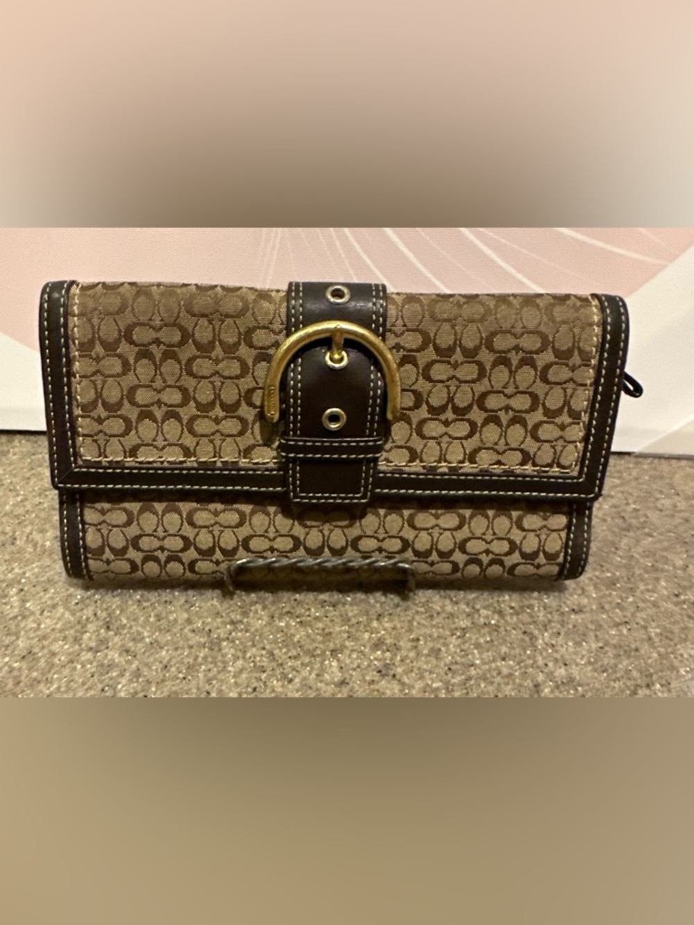 Coach Brown Signature soho Canvas trifold  wallet with Brass Buckle Detail